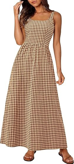 PRETTYGARDEN Women's 2025 Summer Spaghetti Strap Maxi Dresses Plaid Square Neck A Line Casual Bea... | Amazon (US)