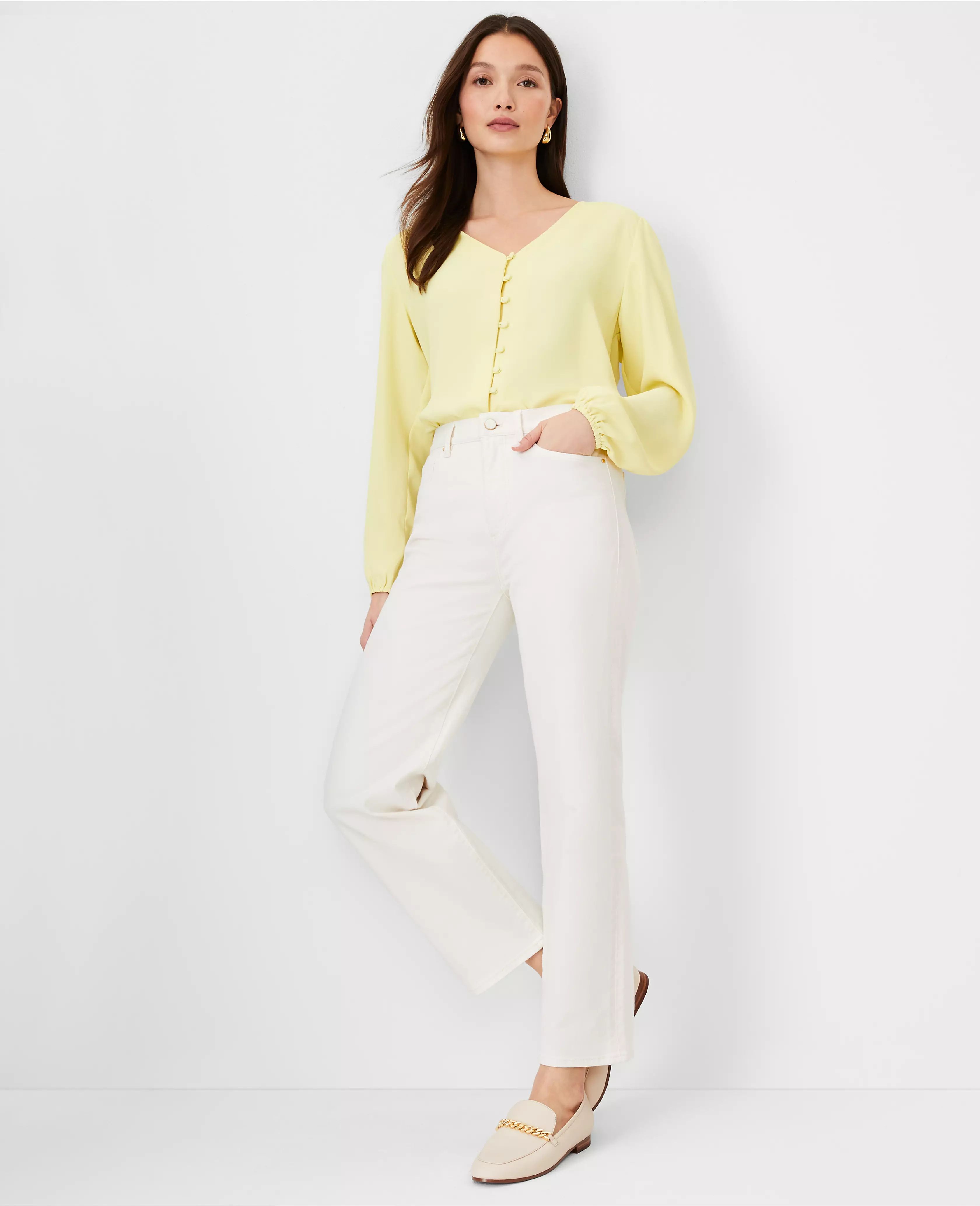 Petite High Rise Straight Jeans in Ivory | Ann Taylor (US)