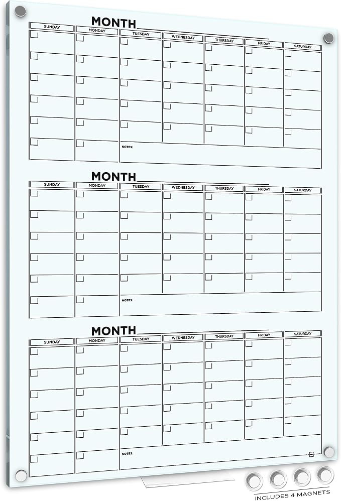 Scribbledo Glass Dry Erase Calendar 34x46 Magnetic Quarterly Whiteboard | 3 Month Wall Planner, F... | Amazon (US)