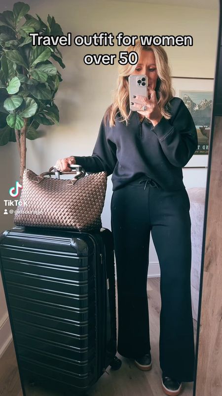 The most amazing black 2 piece set for travel!  And this suitcase and woven carry on bag are also perfect for travel ✨ Travel outfit, best suitcase, woven tote, matching lounge set, athleisure, fashion over 50, weekend casual, mom outfit 

#LTKtravel #LTKitbag #LTKSeasonal