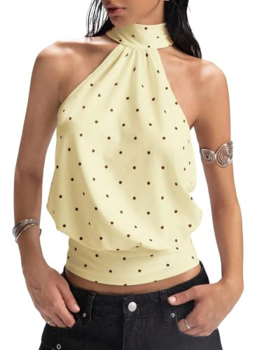 Women Y2k Pleated Halter Tank Top Sleeveless Backless Tie Up Vest (02 Yellow, L) | Amazon (US)
