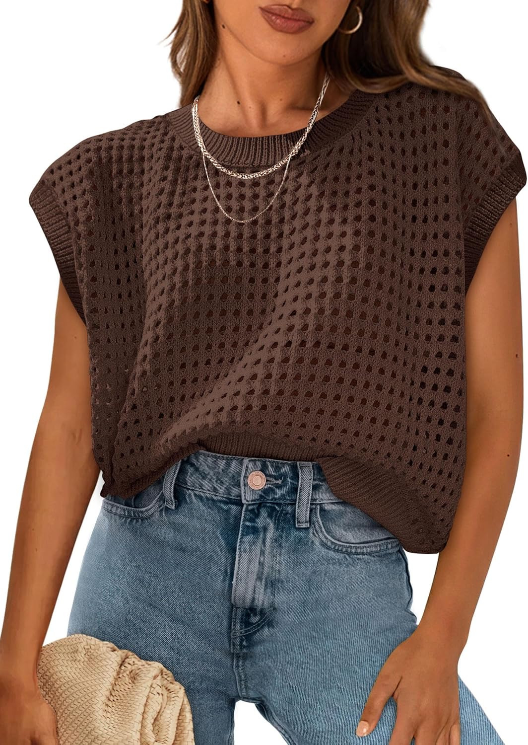 PRETTYGARDEN Women's Summer Crochet Cap Sleeve Sweater Tops | Amazon (US)