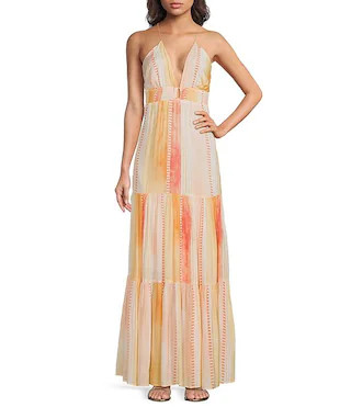 Elan Woven Stripe V-Neck Spaghetti Strap Open Back Slip Maxi Dress | Dillard's