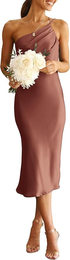 PRETTYGARDEN Women's Midi Satin Dress One Shoulder Spaghetti Strap Backless Ruched Summer Bodycon... | Amazon (US)