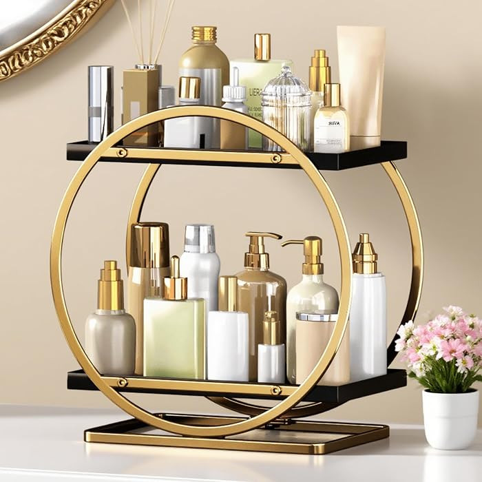 Makeup Organizer for Vanity, Black Gold Perfume Organizer for Dresser, 2-Tier Bathroom Countertop... | Amazon (US)