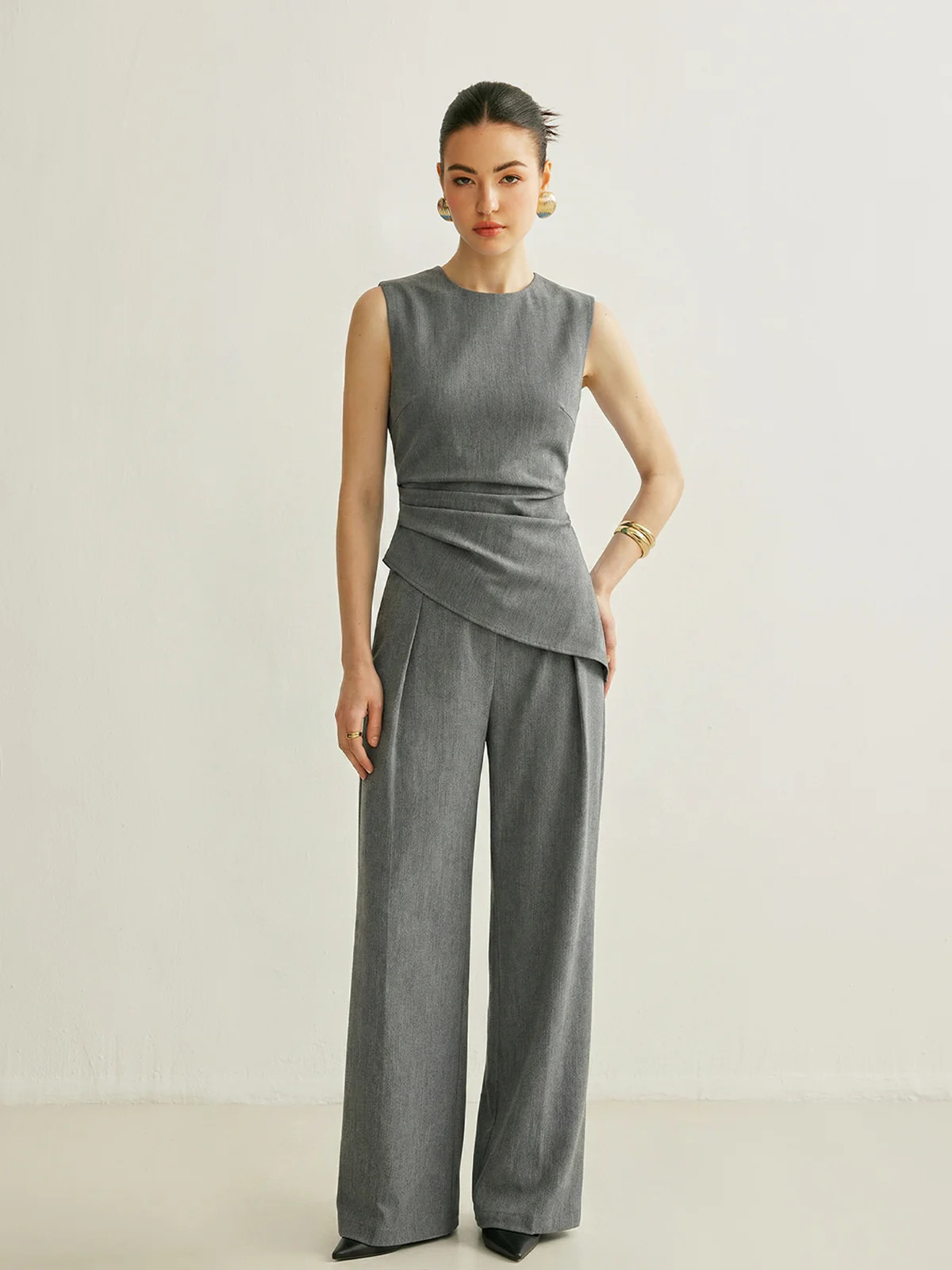 Sleeveless Asymmetric Top & Pleated Pants Set | Commense