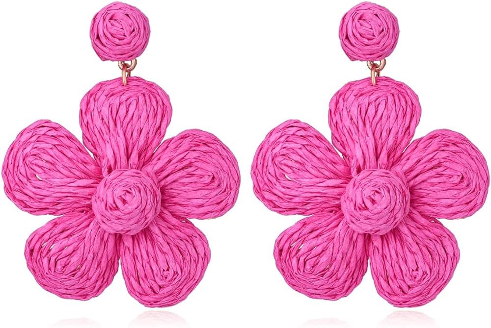 Rattan Flower Earrings for Women Dangling Raffia Handmade Boho Statement Drop Earrings | Amazon (US)