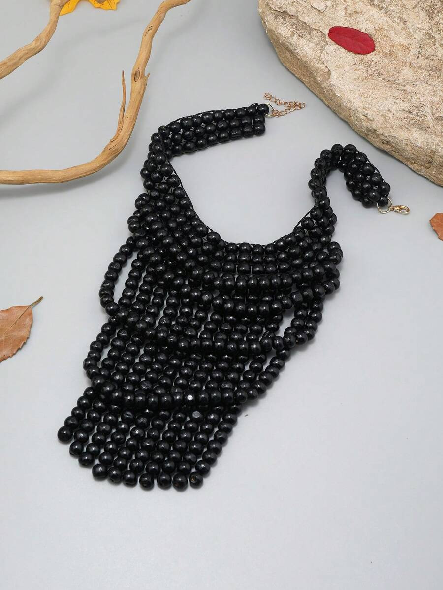 Multi-Layer Long Tassel Necklace With Wooden Beads,  Necklace | SHEIN