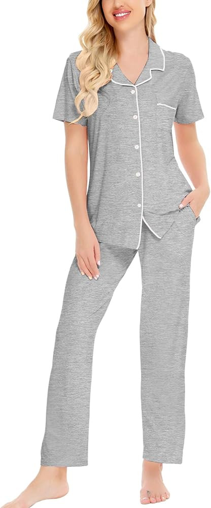 SWOMOG Women Pajama Sets Two-Piece Nightwear Short Sleeve Sleepwear Button Down Pj Lounge Sets wi... | Amazon (US)