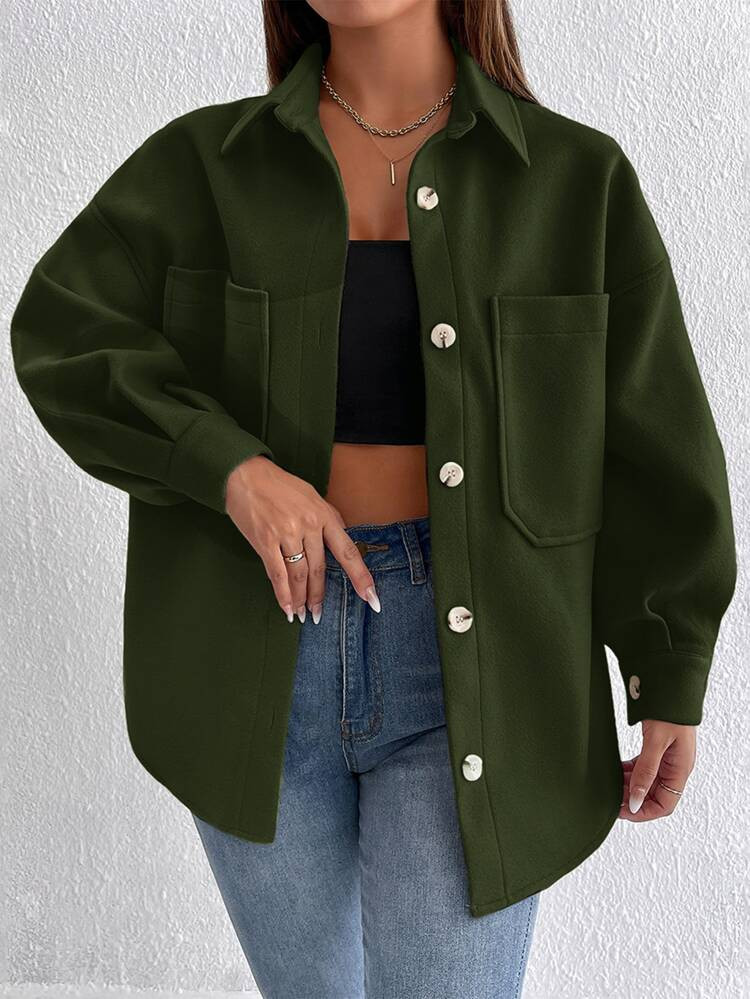 SHEIN PETITE Dual Pocket Drop Shoulder Overcoat | SHEIN