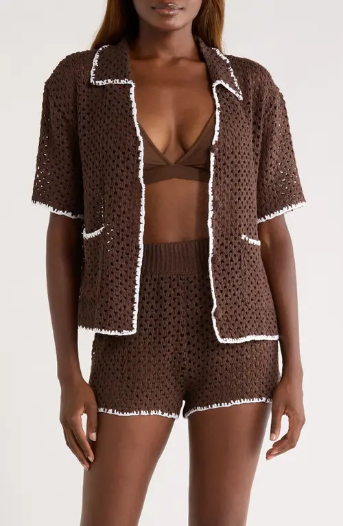 Elan Crochet Button-Up Cover-Up in Brown at Nordstrom, Size X-Small | Nordstrom