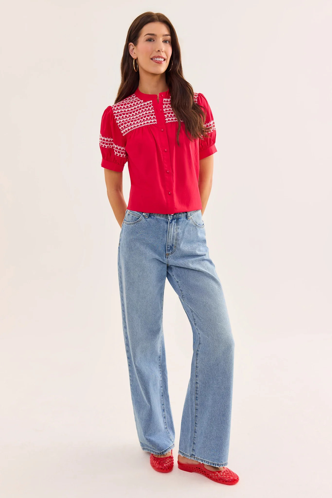Trudy Red and White Embroidered Top | Avara