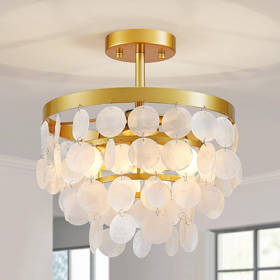 Capiz Shell Ceiling Light, 3-Light Gold Capiz Shell Close to Ceiling Light Fixture for Dining Roo... | Amazon (US)