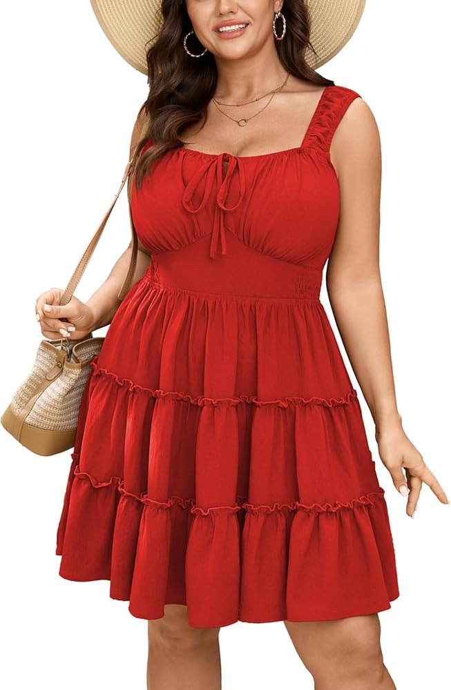 CICIDUDU Womens Plus Size Sleeveless Mini Dress Tie Front Summer Casual Smocked Short Cute Curvy ... | Amazon (US)