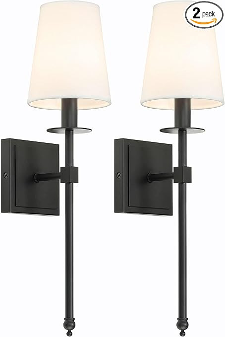XiNBEi Lighting Black Wall Sconces Set of 2, Classic Sconces Wall Lighting with Flared White Fabr... | Amazon (US)