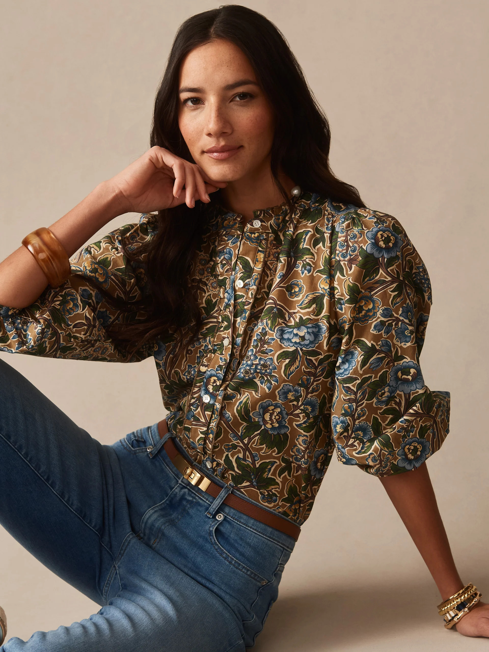 J.McLaughlin Women's Josette Blouse in Bucolic Blooms Brown, Size Medium | Cotton/Silk | J.McLaughlin