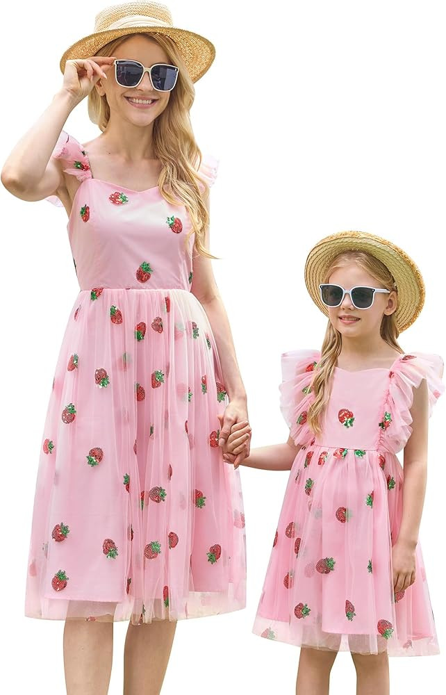 AWIBMK Mommy and Me Strawberry Tulle Dress Flutter Sleeve Bow Tie Back A-line Mother Daughter Hol... | Amazon (US)