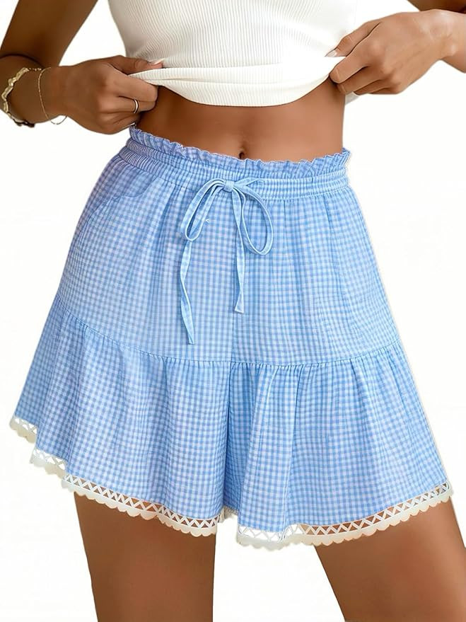 Summer Flowy Shorts for Women Casual Elastic High Waisted Lace Trim Ruffle Wide Leg Skorts with P... | Amazon (US)