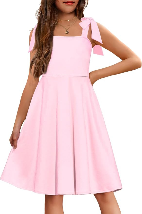 Arshiner Girls Summer Dress Tie Strap Sleeveless Solid Color Square Neck Party Dresses 6-11 Y | Amazon (US)