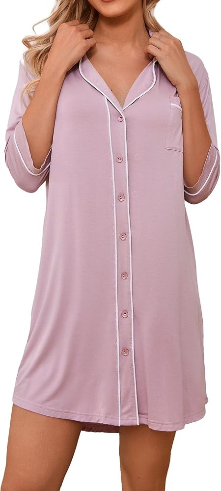 Clocly Nightgowns for Women Button Down Night Shirt 3/4 Sleeve Boyfriend V-Neck Sleepwear Pajama ... | Amazon (US)