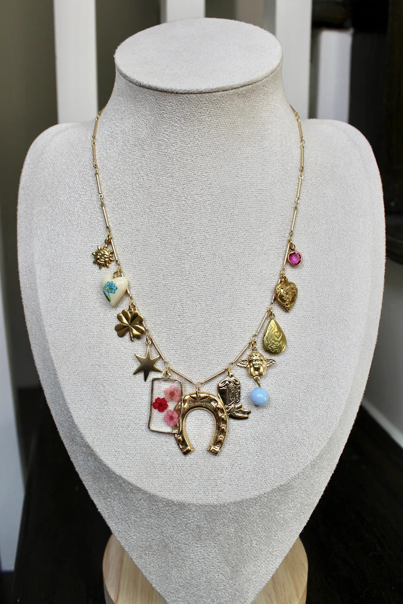 Vintage Charm Necklace - Statement Necklace with Vintage Brass and Gold Plated Charms - Western T... | Etsy (US)
