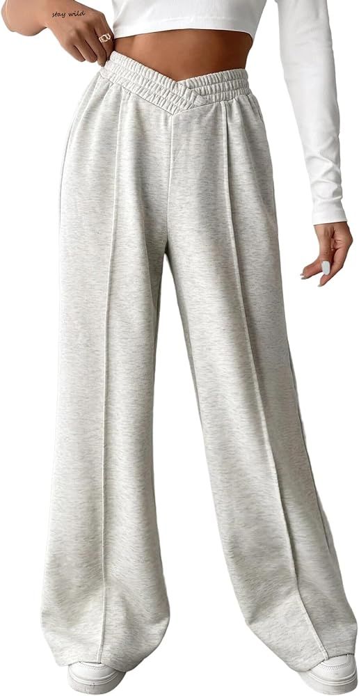 SOFIA'S CHOICE Women's Wide Leg Sweatpants V Crossover Elastic High Waisted Loose Long Pants | Amazon (US)