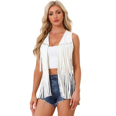 INSPIRE CHIC Women's 70s Western Open Front Faux Suede Fringe Vest White Small | Target