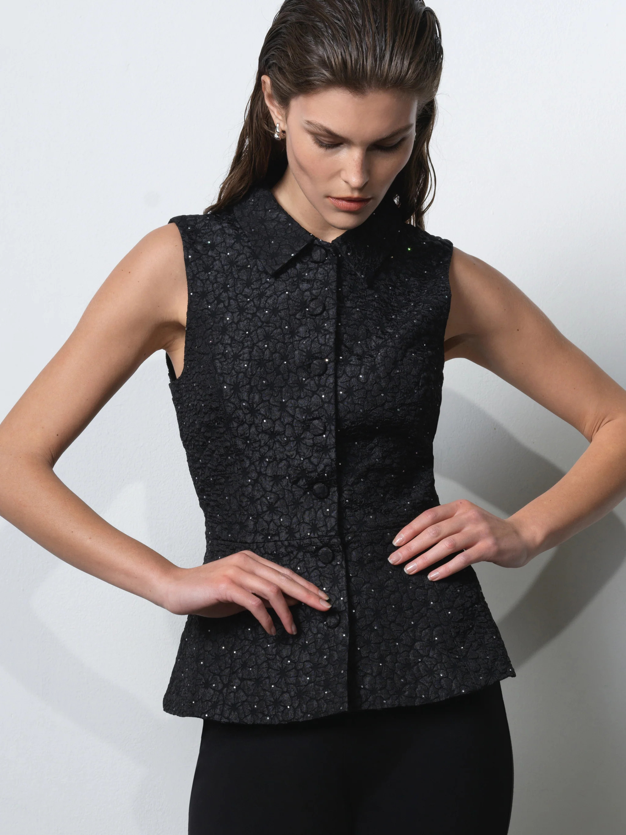 Yelena Jacquard Diamante Peplum Waistcoat Top | French Connection (UK)
