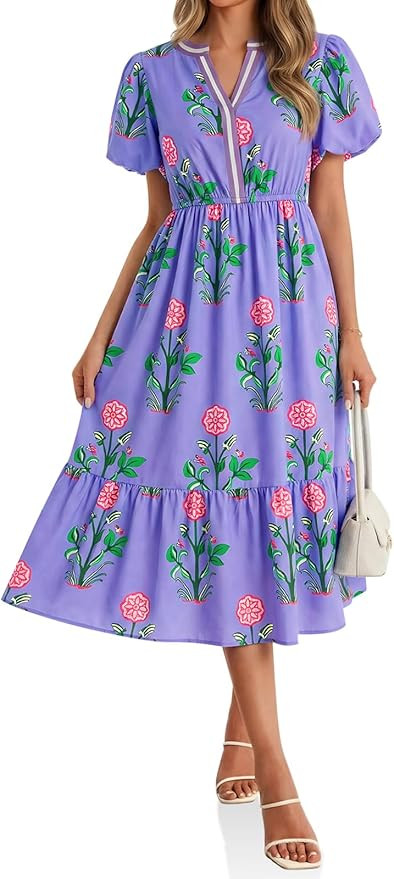 Cicy Bell Womens Summer Floral Print Maxi Dress A Line Puff Short Sleeve V Neck Boho Dresses Flow... | Amazon (US)