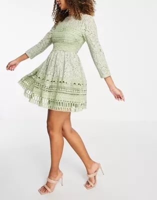 ASOS DESIGN Premium lace mini skater dress in sage green | ASOS (Global)