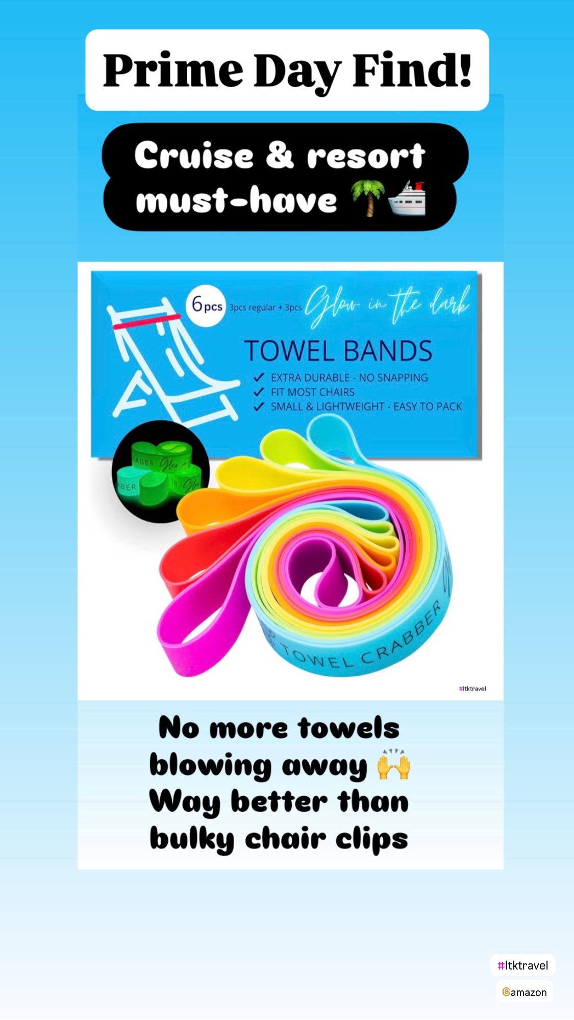 Chair bands;

🏖️ One of my favorite cruise hacks…and it’s under $7 for Prime Day!

If you’ve ever chased your towel across the pool deck or beach because of the wind, you need these!

I actually prefer these towel bands over the bulky chair clips because they’re:
🌴 Lightweight and take up almost no room in your suitcase
☀️ Keep your towel securely in place
🧳 Perfect for cruises, resorts, and beach vacations
✨ Even glow in the dark, making it easy to spot your chair at night!

For less than $7 during Prime Day, they’re one of those little purchases that make a big difference on vacation.

Amazon Prime Day
Cruise essentials
Cruise hacks
Towel bands
Beach accessories
Resort essentials
Cruise packing
Travel accessories
Beach vacation essentials
Pool day must-haves

#AmazonPrimeDay #PrimeDayDeals #CruiseEssentials #CruiseHacks #BeachEssentials #ResortStyle #TravelEssentials #PoolDay #BeachVacation #AmazonFinds #CruisePacking #VacationMustHaves #TravelGear #LTKTravel #SummerTravel

#LTKSaleAlert #LTKTravel #LTKSwim