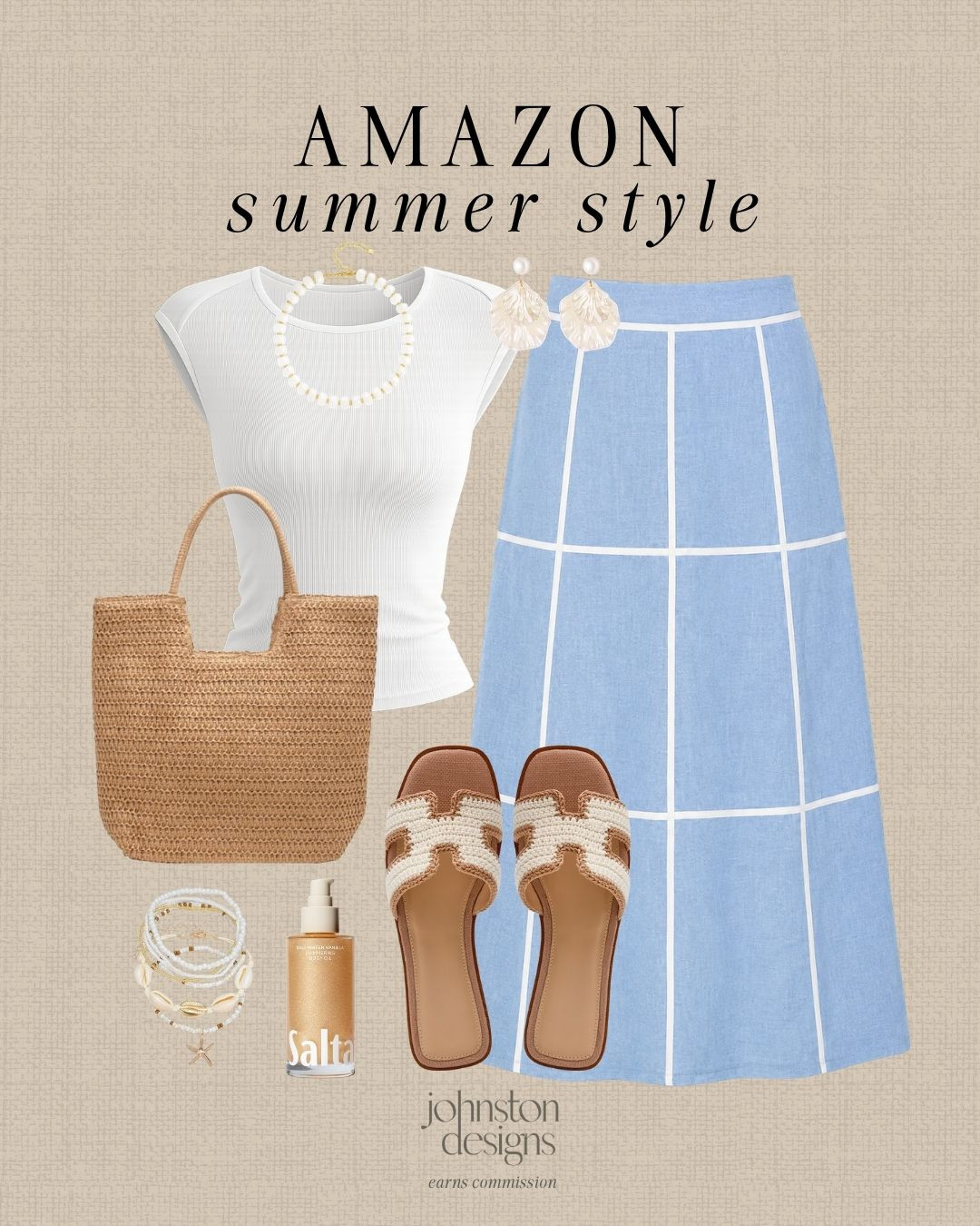 Amazon summer style with a white top, blue skirt and woven accessories for an easy coastal look. Love this for vacation days, brunch plans or a polished warm weather outfit. 🐚

Amazon summer style, white top, blue skirt, woven tote, slide sandals, pearl jewelry, shell earrings, summer outfit, coastal look, vacation style, brunch outfit, warm weather, beachy style, everyday outfit, affordable finds, polished style 

 #LTKootd #LTKSeasonal #LTKTravel