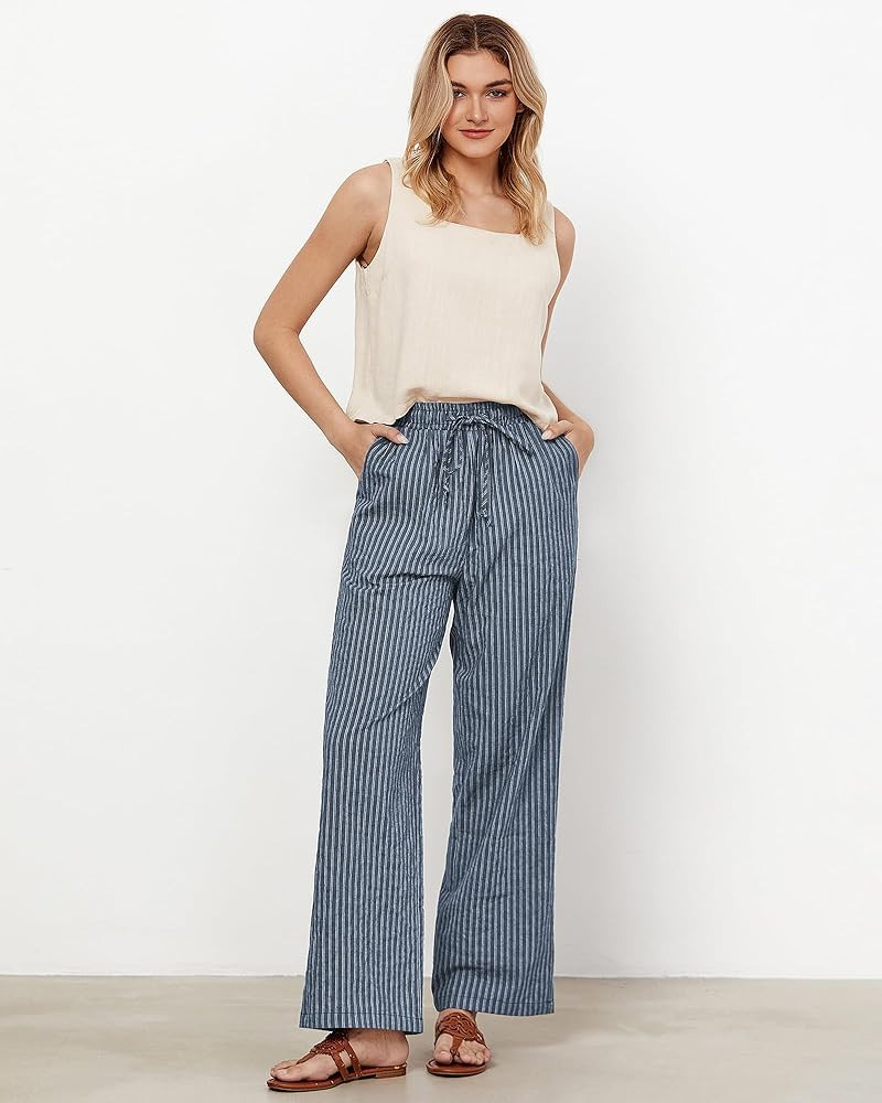 GRAPENT Striped Pants for Women High Waisted Wide Leg Cotton Linen Trendy Beach Pull on Elastic W... | Amazon (US)