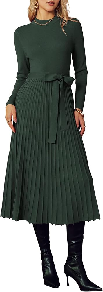 Arach&Cloz Women's Wool Blend Mock Neck Tie Waist Fall Winter Pleated Sweater Dress 2026 | Amazon (US)