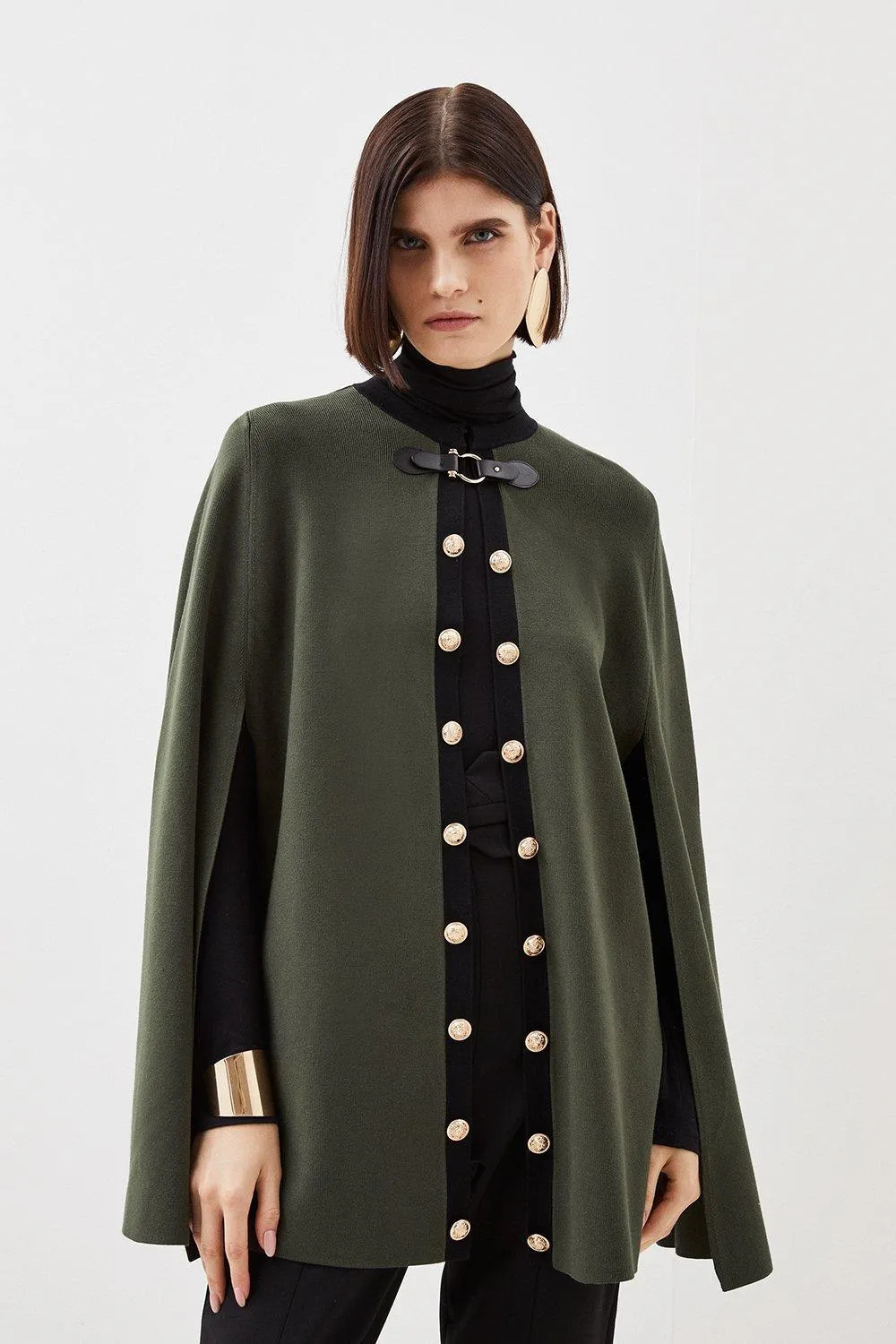 Jackets & Coats | Viscose Blend Military Trim Knitted Cape | KarenMillen | Karen Millen US