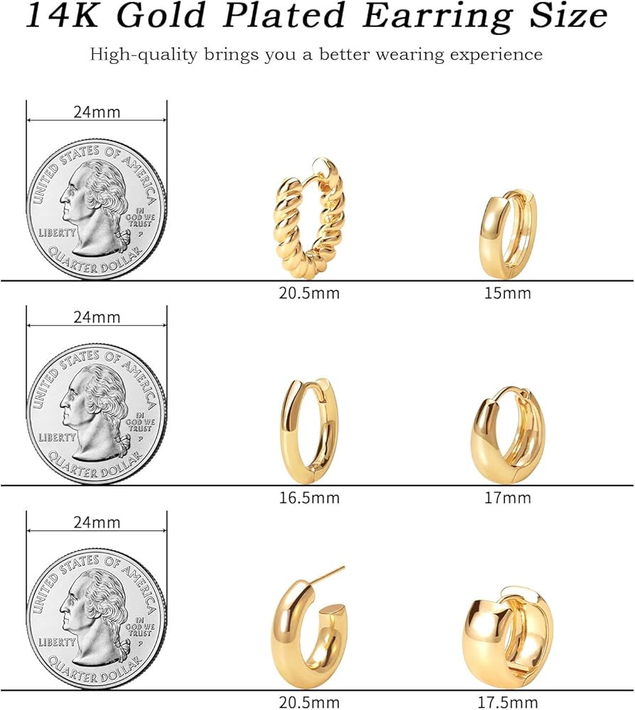 Gold Hoop Earrings Set 14k Real Gold Plated Huggie Earrings Hypoallergenic Chunky Twisted Thick J... | Amazon (US)