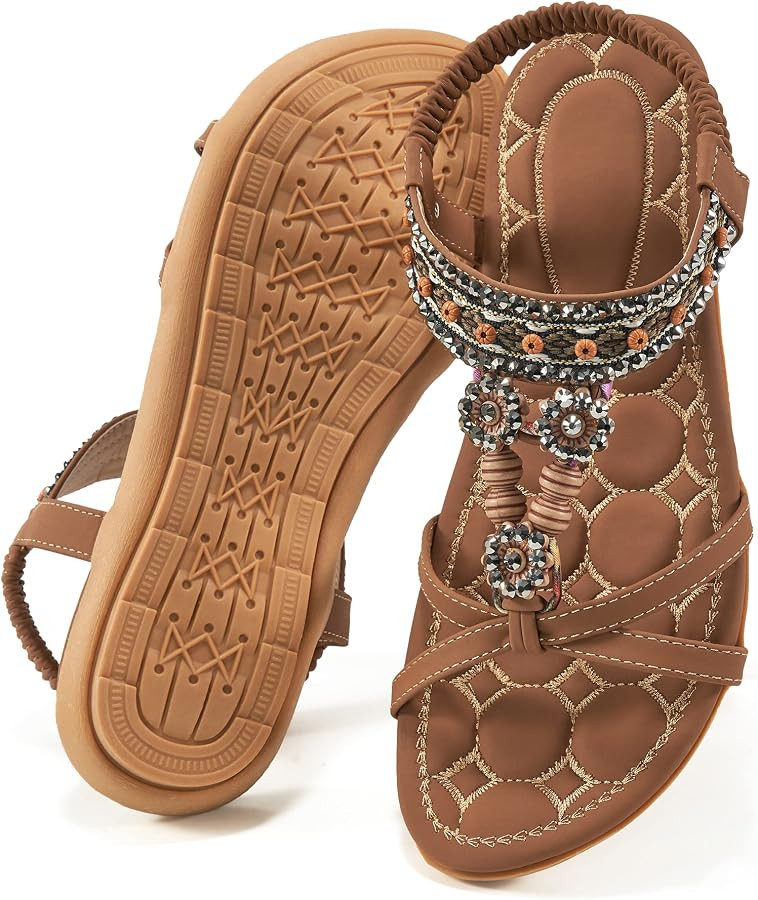 Womens Sandals Dressy Summer: Flat Shoes Comfortable Bohemian Elastic Ankle Strap Beach Walking S... | Amazon (US)