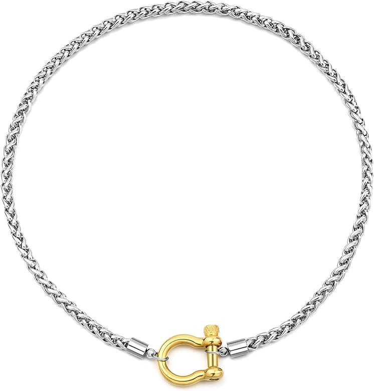 FEEL STYLE Heavy Screw Anchor Shackle Wheat Necklace - Stainless Steel Foxtail Wheat Chain Neckla... | Amazon (US)