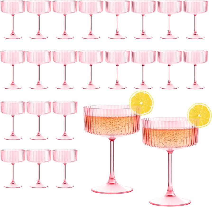 24pcs Ribbed Plastic Martini Glasses,10oz Pink Unbreakable Coupe Glasses with Stem,Reusable Cockt... | Amazon (US)