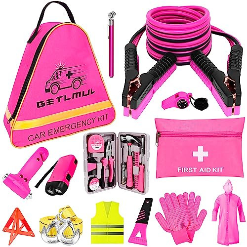 GETLMUL Pink Car Emergency Kit, Premium Roadside Emergency Car Accessories Kit with Jumper Cables, Flashlight, Shovel, Toolbox Set, etc Car Accessories for Women | Amazon (US)
