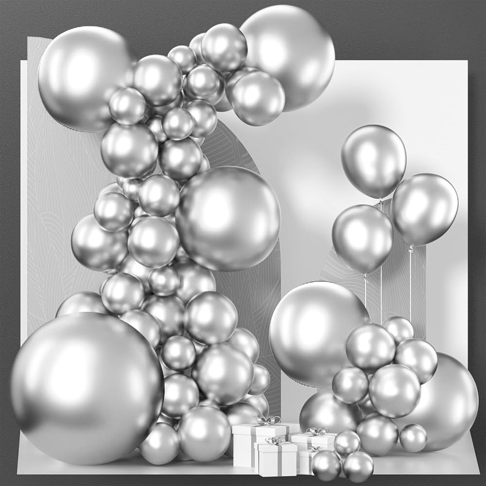 PartyWoo Metallic Silver Balloons, 127 pcs Silver Balloons Different Sizes Pack of 36 18 12 10 5 ... | Amazon (US)