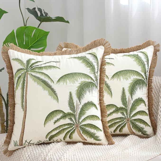 Amazon.com: Tosleo Green Palm Trees Embroidered Throw Pillow Covers 18x18 inch Pack of 2 with Fla... | Amazon (US)