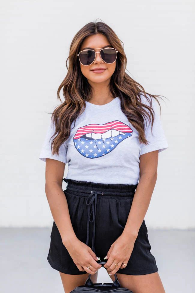 USA Flag Lips Graphic Tee Ash | The Pink Lily Boutique