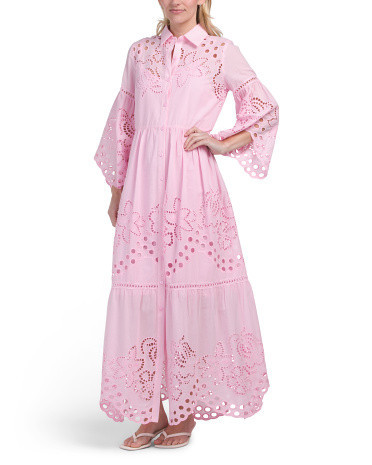 Long Sleeve Laser Cut Maxi Dress For Women, Cotton/Polyester | TJ Maxx