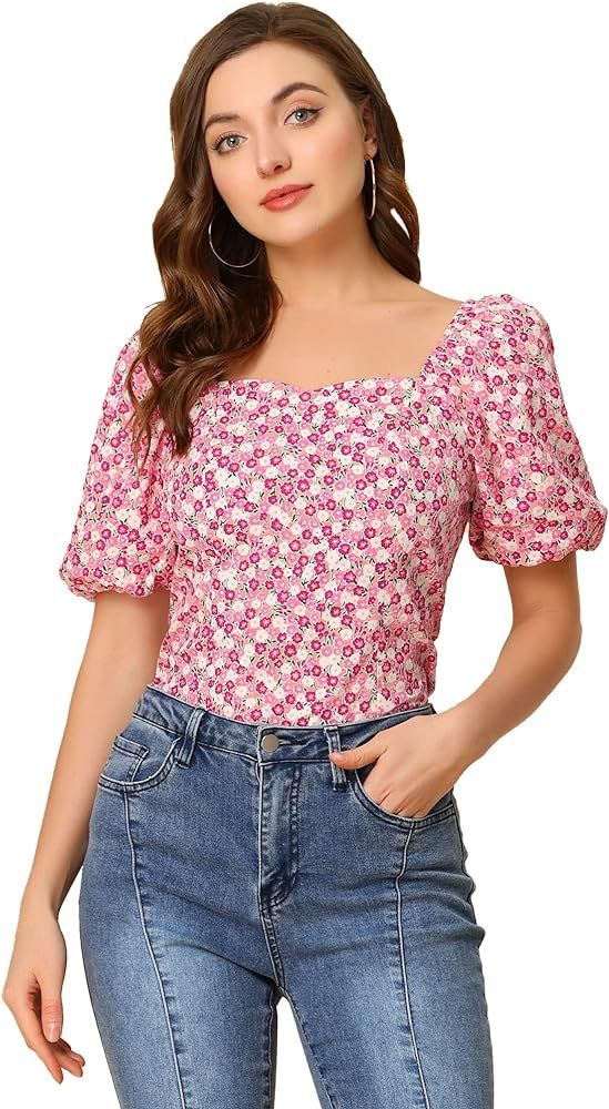 Allegra K Women's Puff Sleeve Square Neck Peasant Floral Blouse Top | Amazon (US)