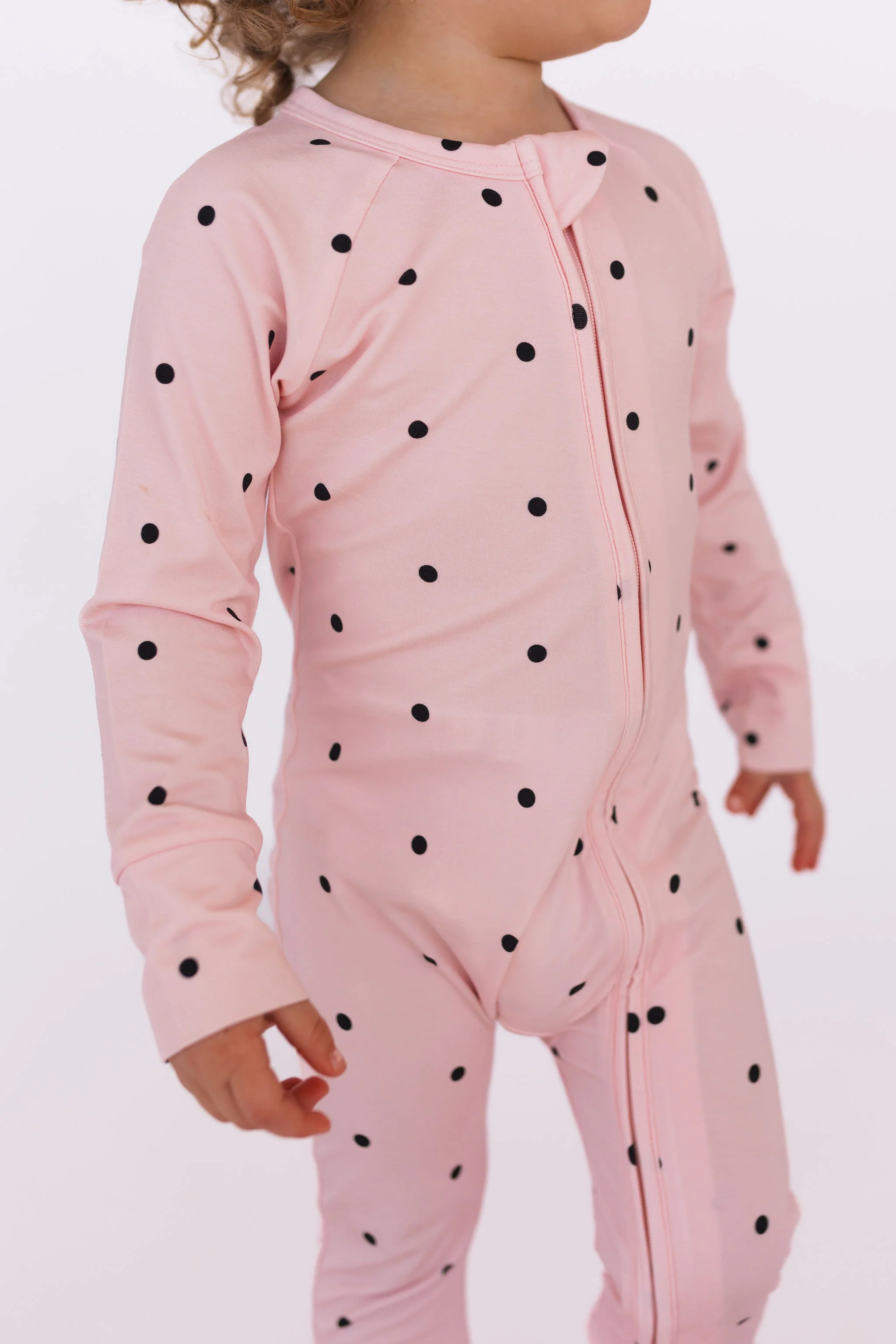 Blush Polka Dot Zipper Romper | In My Jammers