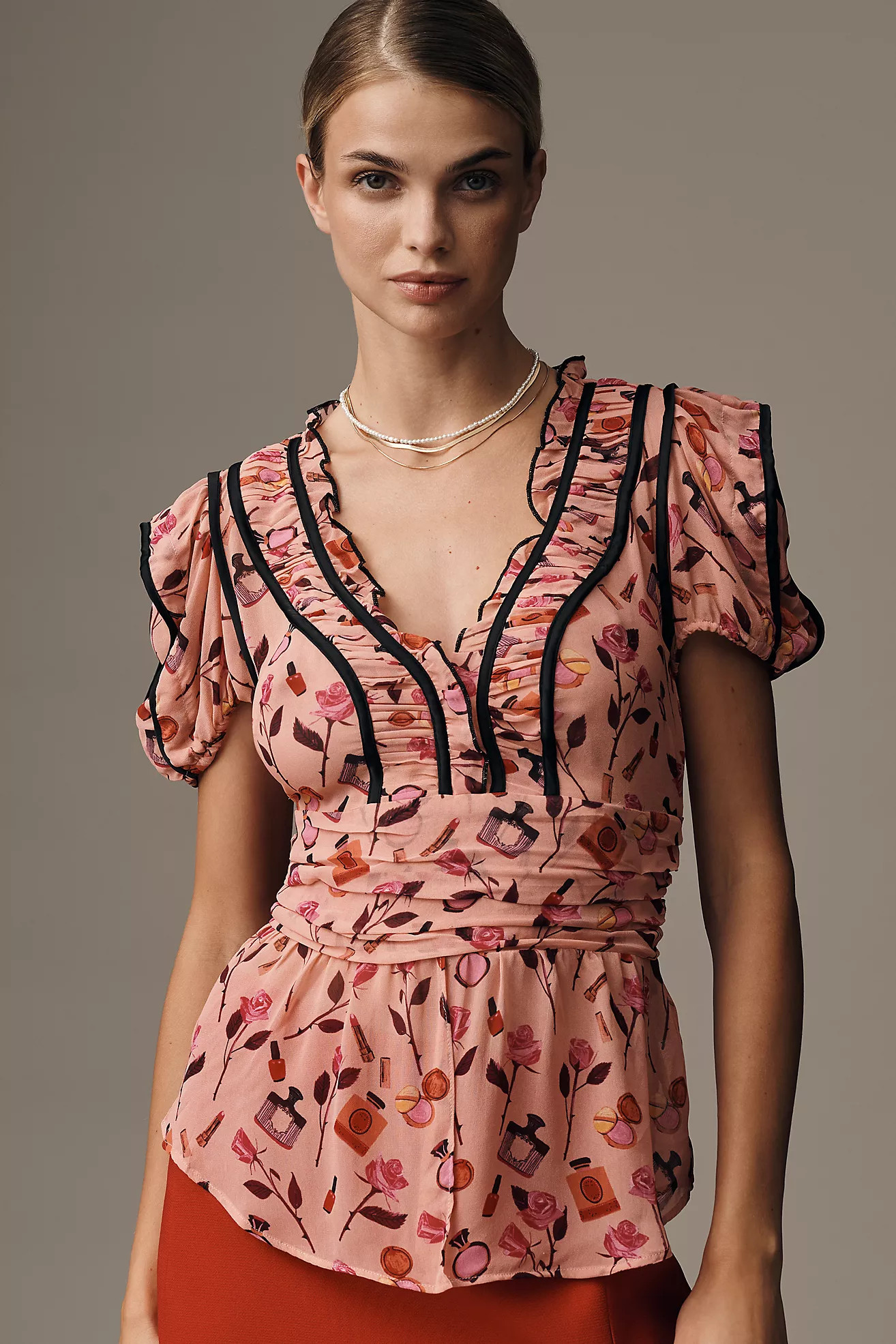 Anisa Makhoul x Maeve V-Neck Puff-Sleeve Printed Blouse | Anthropologie (US)