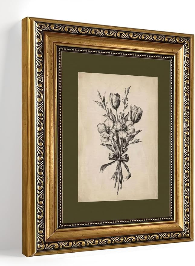 Gold Framed Vintage Flower Botanical Sketch Canvas Wall Art Prints 8x10in | Sage Green Paintings ... | Amazon (US)