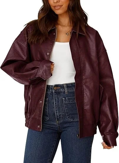 PRETTYGARDEN Women's Faux Leather Motorcycle Jacket Trendy Fall Spring Clothes Oversized Zip Up W... | Walmart (US)
