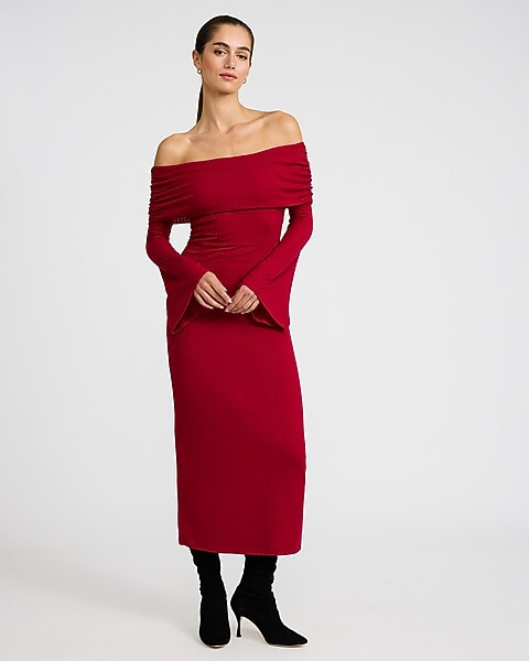 Ribbed Off The Shoulder Long Sleeve Maxi Knit Dress | Express
